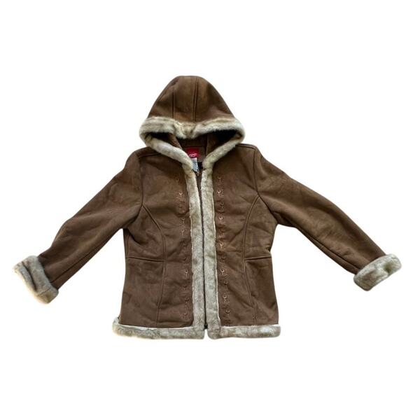 Faux suede coat, faux fur collar, Vintage Esprit w embroidery Sz Large - Picture 3 of 9